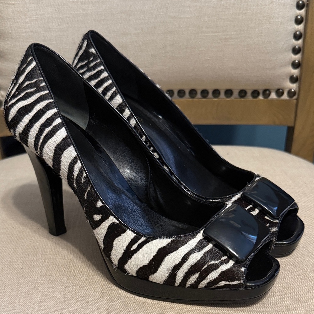 Ann Taylor Zebra Print Leather Peep-Toe Heels, Size 9 M